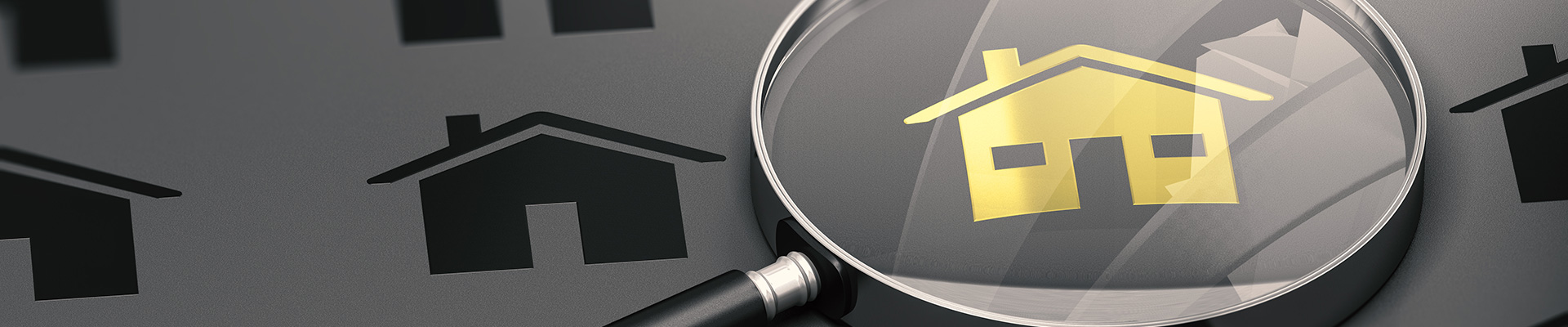 Magnifying glass showing gold house icon